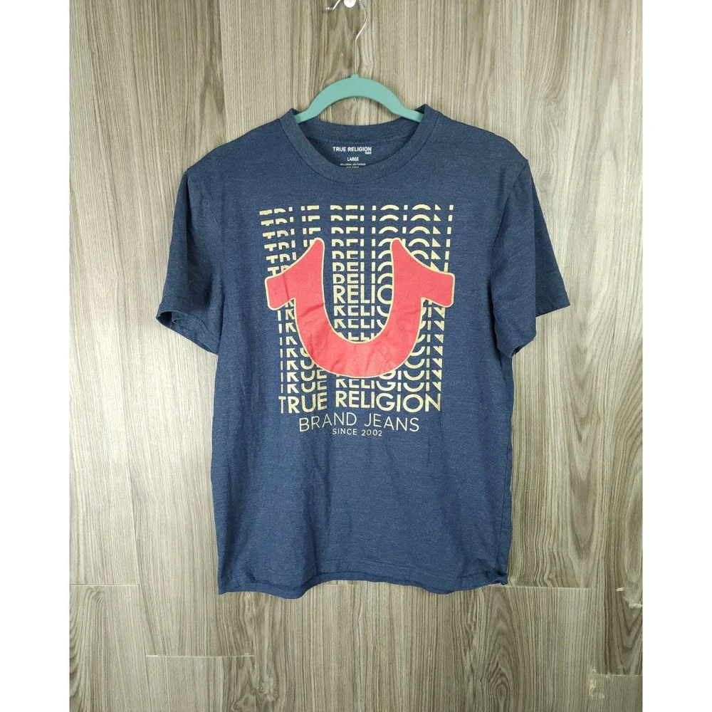 True Religion Mens Graphic T-Shirt Navy Blue Red Horseshoe Logo Size Large